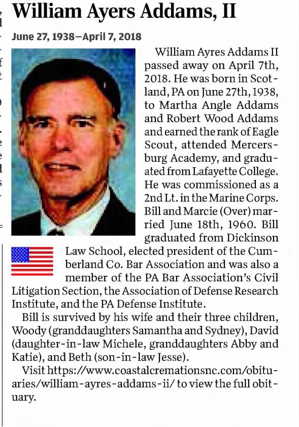 Obituary for William Ayers Addams, 1938-2018